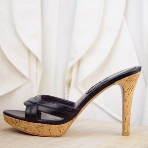 Charles David black leather cork heel slip on mule
